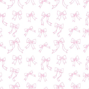Pembe düğümler ve kurdeleler pürüzsüz desen. Vektör el çizimi illüstrasyon. Hediye kutusu ve parti dekorasyonu, tatil, dekoratif tasarım ögesi.