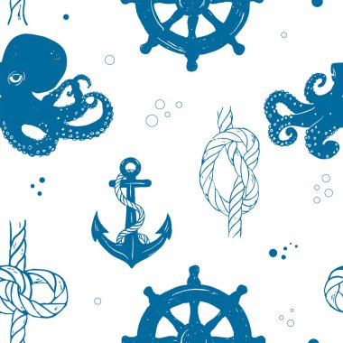 Denizci rotası kusursuz. El yapımı ahtapot, çapa, deniz düğümü, direksiyon. Dekoratif kumaş izi, kapak. Denizcilik teması.