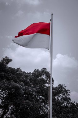 Endonezya bayrağının görkemli bir şekilde dalgalanması ulusal gurur ve birliği sembolize ediyor. Koyu kırmızı ve beyaz renkleriyle bayrak, bulutlu bir zemin üzerinde dalgalanıyor.