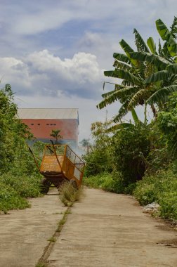 Muz ağacının yakınındaki toprak yolda park etmiş bir kamyon.