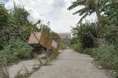 Toprak yola park etmiş bir çöp kamyonu.