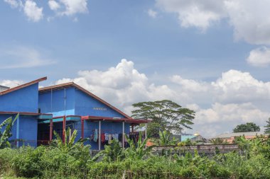 Kırsalda tropikal bitkiler ve mavi gökyüzü olan renkli bir kır evi.