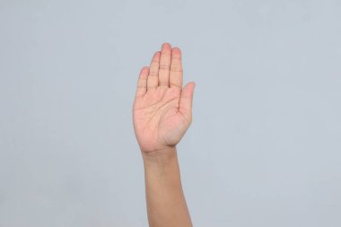 Avuç içi açık bir şekilde elini kaldırarak gri arkaplanda izole edilmiş bir şekilde dur işareti veya uyarı iletişimi veya protesto ifadesi bağlamında dikkat çekmeyi sembolize ediyor.