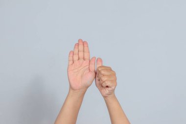 Bir avuç içi açık, diğer başparmak içe doğru kıvrılmış, aile içi şiddet uyarısı ve sessiz bir kurtarma çığlığıyla yardım çağrısı gösteren iki el.