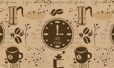 Hand Drawn Coffee Seamless Pattern with Lettering Vector Background clipart