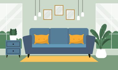 Modern ve Minimalist Ev Oturma Odası İç Tasarım İllüstrasyonu