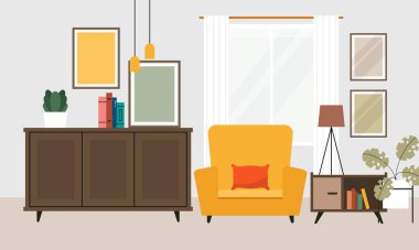 Modern ve Minimalist Ev Oturma Odası İç Tasarım İllüstrasyonu