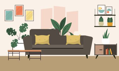 Modern ve Minimalist Ev Oturma Odası İç Tasarım İllüstrasyonu