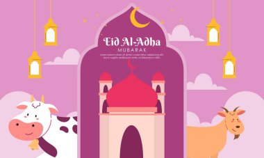 Happy Holy Eid Al Adha Mubarak Cute Banner Cartoon Doodle Illustration clipart