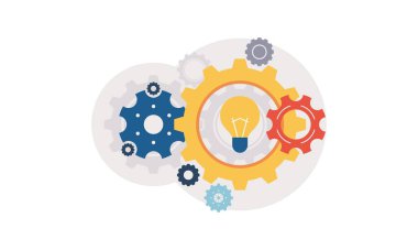 Harika Fikirler Bulma kavramı. Yeni Fikirlerin ve Düşüncelerin Düz Tasarımı. Modern Biçimli Ampul ve Vitesli Yaratıcılık ve İlham.