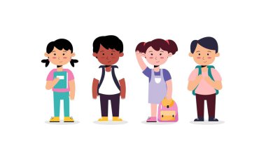 Sevimli Öğrenciler El Çizimi Düz Tasarım İllüstrasyonu. Mutlu Erkek ve Kız Karakter Tutma Okulu Ekipmanları Okula Hazır