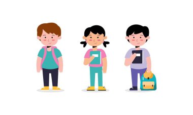 Sevimli Öğrenciler El Çizimi Düz Tasarım İllüstrasyonu. Mutlu Erkek ve Kız Karakter Tutma Okulu Ekipmanları Okula Hazır