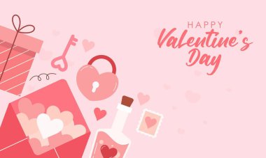 Düz El Şirin Sevimli Sevgililer Günü Geçmişi Konsepti. Pembe ve Kızıl Sevgililer Günü elementleriyle düz konsept. Pankart, duvar kağıdı, tebrik kartı, ambalaj kağıdı ve kartpostallar için tasarım.