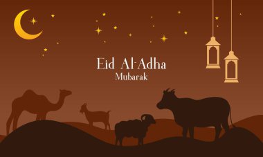 Bayramın kutlu olsun, El-Adha Mübarek. Kureyşli Hayvanlarla İslami Gün Arkaplanı İllüstrasyon