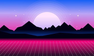 Buhar Dalgası Manzarası Çizimi. Neon Işık Ağı Güneşi ve Dağ Bilimkurgu Arkaplan, Duvar Kağıdı, Banner, Poster, Kart ve Daha Fazla Konsepti ile Retro Manzarası Skyline.