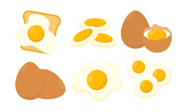 Düz Yumurta İllüstrasyonu. Farklı şekillerde organik çiftlik yumurtaları. Pişmiş yumurta, haşlanmış, kızartılmış, çiğ ve Pan Yumurta Koleksiyonu.