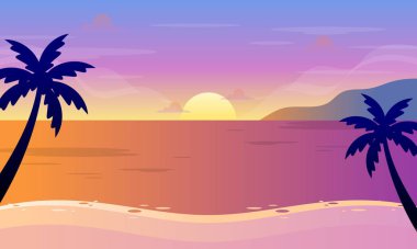 Palm Tree ve Sun in the Background Vector Illustration ile Summer Beach. Banner, Poster, Tebrik Kartı ve Daha fazlası için Tasarım.