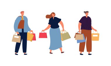 Alışveriş Torbası Düz Tasarım İllüstrasyonu Taşıyanlar. Erkek ve Kadın Karakterleri Toplama Satın Alma Paketleri. 