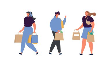 Alışveriş Torbası Düz Tasarım İllüstrasyonu Taşıyanlar. Erkek ve Kadın Karakterleri Toplama Satın Alma Paketleri. 