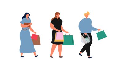 Alışveriş Torbası Düz Tasarım İllüstrasyonu Taşıyanlar. Erkek ve Kadın Karakterleri Toplama Satın Alma Paketleri. 