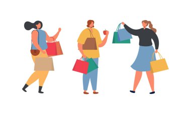 Alışveriş Torbası Düz Tasarım İllüstrasyonu Taşıyanlar. Erkek ve Kadın Karakterleri Toplama Satın Alma Paketleri. 