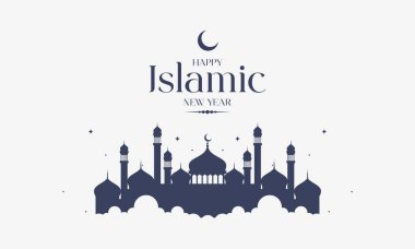 Minimalist İslami Yeni Yıl Tasarımı Cami Silueti, Kubbeler, Minareler ve Hilal ile. Muharram, Hijri Yeni Yılı, İslam bayramı kutlamaları, pankartlar, davetiyeler, sosyal medya paylaşımları ve daha fazlası için mükemmel..