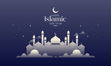 Kubbeler, Minareler ve Hilal 'li Cami Silueti ile Zarif İslami Yeni Yıl Tasarımı. Muharram, Hijri Yeni Yılı, İslam bayramı kutlamaları, pankartlar, davetiyeler, sosyal medya paylaşımları ve daha fazlası için mükemmel..