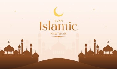 Kubbeler, Minareler ve Hilal 'li Cami Silueti ile Zarif İslami Yeni Yıl Tasarımı. Muharram, Hijri Yeni Yılı, İslam bayramı kutlamaları, pankartlar, davetiyeler, sosyal medya paylaşımları ve daha fazlası için mükemmel..