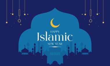 Minimalist İslami Yeni Yıl Tasarımı Cami Silueti, Kubbeler, Minareler ve Hilal ile. Muharram, Hijri Yeni Yılı, İslam bayramı kutlamaları, pankartlar, davetiyeler, sosyal medya paylaşımları ve daha fazlası için mükemmel..