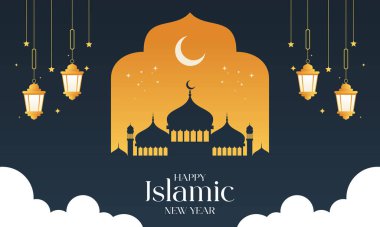 Kubbeler, Minareler ve Hilal 'li Cami Silueti ile Zarif İslami Yeni Yıl Tasarımı. Muharram, Hijri Yeni Yılı, İslam bayramı kutlamaları, pankartlar, davetiyeler, sosyal medya paylaşımları ve daha fazlası için mükemmel..