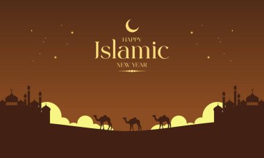 Kubbeler, Minareler ve Hilal 'li Cami Silueti ile Zarif İslami Yeni Yıl Tasarımı. Muharram, Hijri Yeni Yılı, İslam bayramı kutlamaları, pankartlar, davetiyeler, sosyal medya paylaşımları ve daha fazlası için mükemmel..