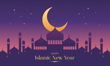 Kubbeler, Minareler ve Hilal 'li Cami Silueti ile Zarif İslami Yeni Yıl Tasarımı. Muharram, Hijri Yeni Yılı, İslam bayramı kutlamaları, pankartlar, davetiyeler, sosyal medya paylaşımları ve daha fazlası için mükemmel..