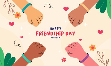 Düz Çizim Dostluk Günü Kutlaması Çeşitli Eller, Dostluk ve Bileziklerle Kutlanıyor. Tebrik kartları, sosyal medya paylaşımları, posterler, afişler ve daha fazlası için mükemmel.