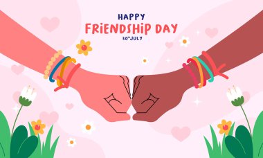 Düz Çizim Dostluk Günü Kutlaması Çeşitli Eller, Dostluk ve Bileziklerle Kutlanıyor. Tebrik kartları, sosyal medya paylaşımları, posterler, afişler ve daha fazlası için mükemmel.