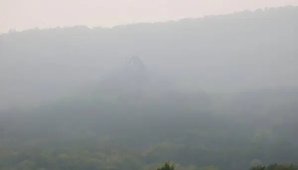 Sisli bir ormanın ortasında bir tren köprüsü