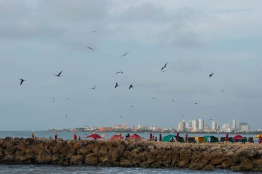 Mavi gökyüzü ile Kartagena deniz manzarası. Kolombiya.