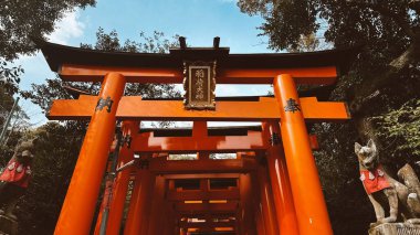 Kioto, Japon. 30 Mart 2024: Fushimi Inari-Taisha ana tapınak ve mavi gökyüzü.