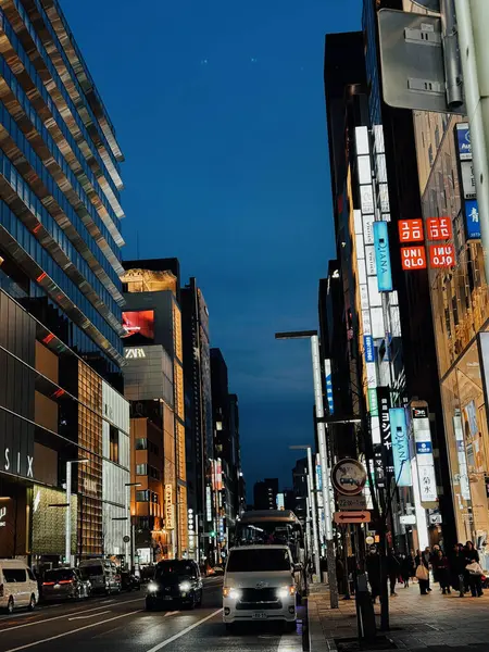 Tokyo, Japonya. 21 Mart 2024: Tokyo 'da gece ışıklar ve büyük binalarla.