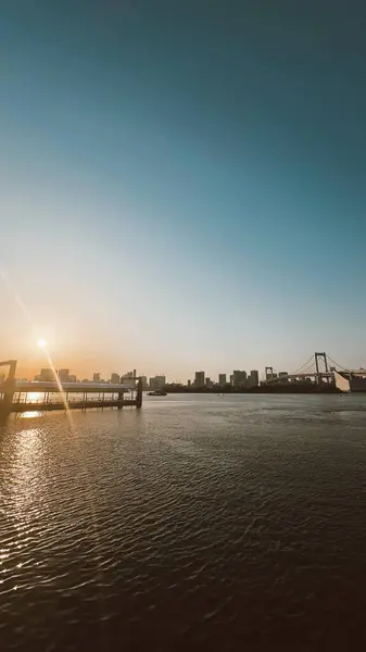 Odaiba, Tokyo Japonya 'da günbatımı ve binaların silueti ile şehir manzarası.