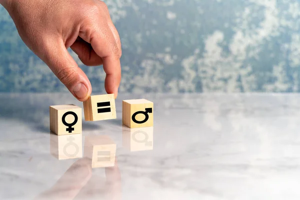 Person places equality symbol between two wooden cubes with male and female symbols. High quality photo