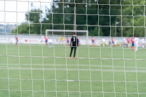Futbol Golü Kaleci Oyuncuların Odaklanamadığı Bir Maça Odaklandı Evet Yüksek — Stok fotoğraf