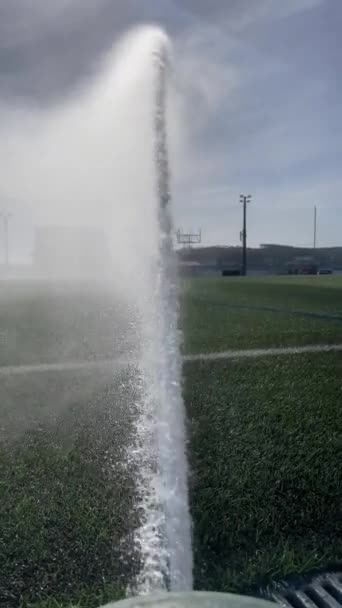 Automatický Systém Zavlažování Vody Udržuje Fotbalová Hřiště Svěží Zelená Připravená — Stock video
