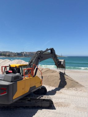 Güneşli bir günde mavi gökyüzü ve okyanusla kumsalda hareket eden bir kazıcı.