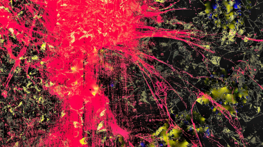 Dijital olarak oluşturulan resim: q Vibrant soyut dışavurumcu sanat eseri koyu kırmızı, sarı ve siyah sıçramalar ve karmaşık çizgiler, Jackson Pollock 'un damlayan resimlerini anımsatıyor.