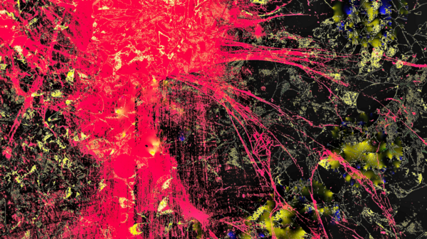 Dijital olarak oluşturulan resim: q Vibrant soyut dışavurumcu sanat eseri koyu kırmızı, sarı ve siyah sıçramalar ve karmaşık çizgiler, Jackson Pollock 'un damlayan resimlerini anımsatıyor.