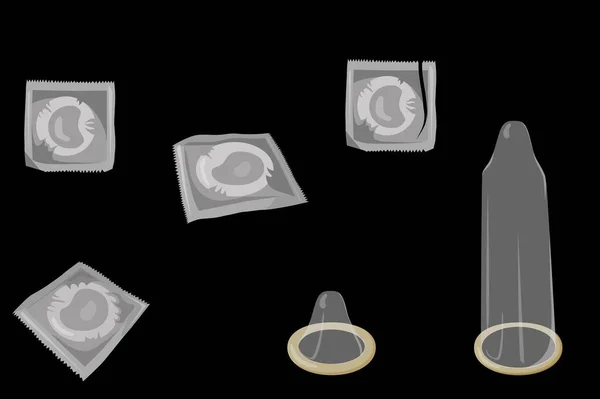 避孕药具 包装和无包装的避孕套 — 图库矢量图片