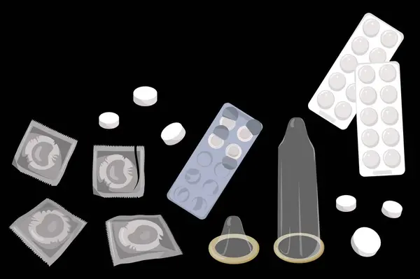 Doğum kontrol haplarının vektör çizimi. Prezervatif ve hap..