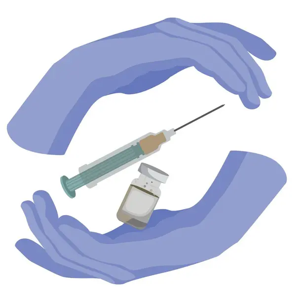 Aşılamanın vektör çizimi. Bağışıklık. Ellerinde şırınga ve şırınga var..