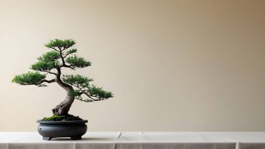 Tenceredeki küçük bonsai ağacı sade bir zemine karşı bir masada oturur ve Zen, tasarım ve doğa temalarını resmetmek için huzurlu bir ortam yaratır..