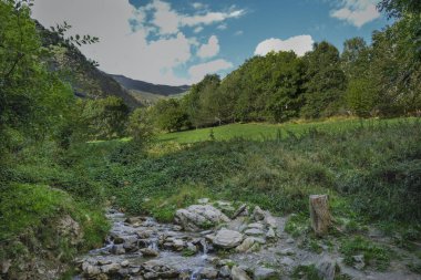 Arties, Aran Vadisi, İspanya, ormanlar, nehirler, şelaleler, dağlar. Yüksek kalite fotoğraf